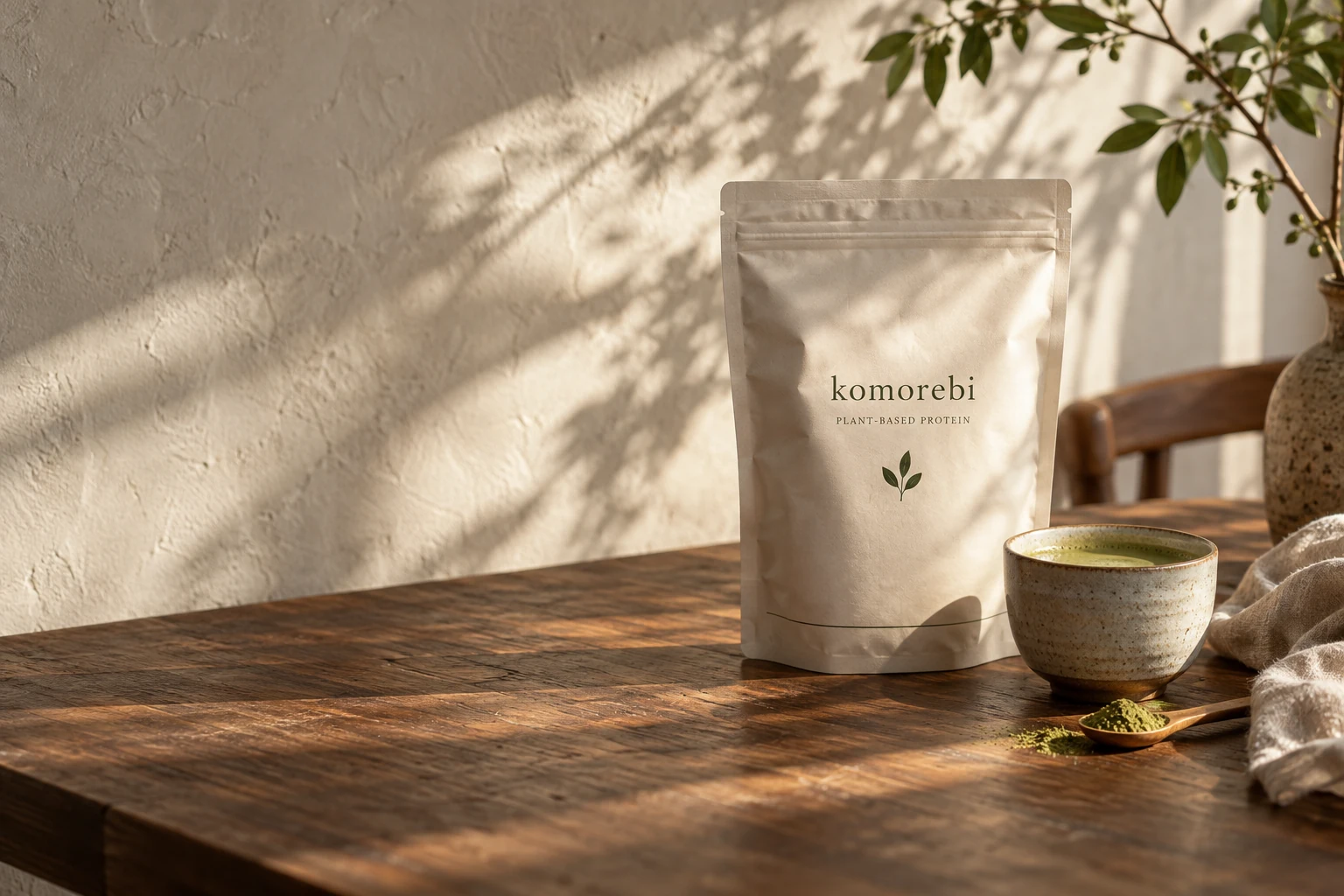 朝の光が差し込む木のテーブルに、こもれびのパッケージと抹茶の一杯