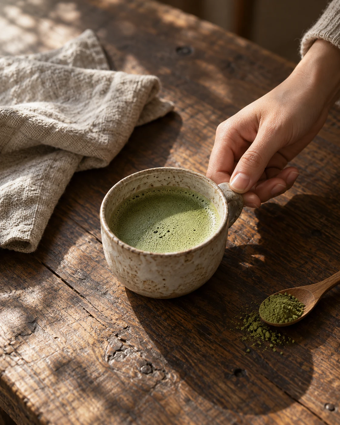 手になじむ陶器のカップで、抹茶の一杯を楽しむ朝